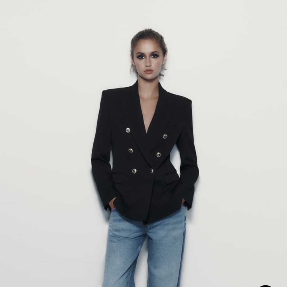 Zara XL Black Double Breasted Blazer with Gold Button Detailing